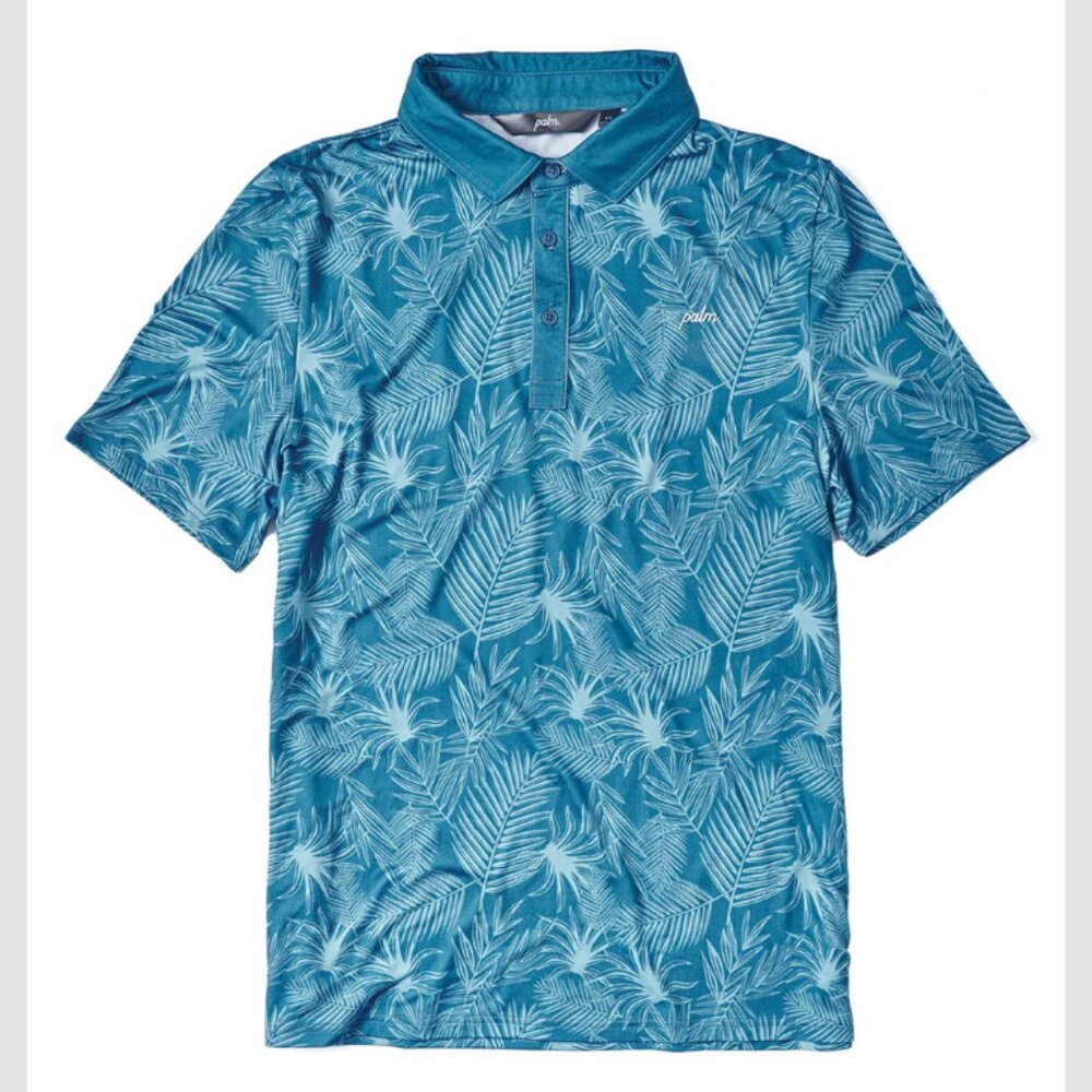 Palm Golf Co Overlook Performance Polo Blue Palm Leaves Golf Shirt